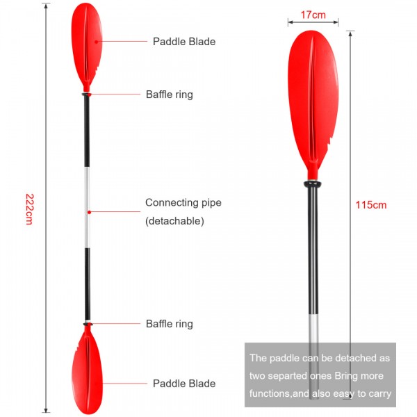 HEIMUNI Doppelpaddel Kajak Paddel, Kanu Paddel Aluminium Sup Doppelpaddel 222cm Stechpaddel Super Leicht für Schlauchboot, Kanu, Kanadier Boot Ruderboot Rot