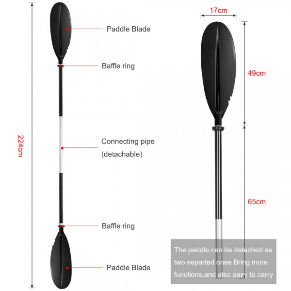 HEIMUNI Doppelpaddel Kajak Paddel, Kanu Paddel Aluminium Sup Doppelpaddel 222cm Stechpaddel Super Leicht für Schlauchboot, Kanu, Kanadier Boot Ruderboot Schwarz