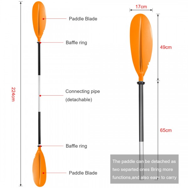 HEIMUNI Doppelpaddel Kajak Paddel, Kanu Paddel Aluminium Sup Doppelpaddel 222cm Stechpaddel Super Leicht für Schlauchboot, Kanu, Kanadier Boot Ruderboot Orange