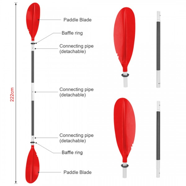 HEIMUNI Kayak Paddle 222cm Aluminum Sup Paddle Super Lightweight with Reinforced Fiberglass Blades, Sup Paddle 4 Parts Adjustable Kayaking Paddles Red