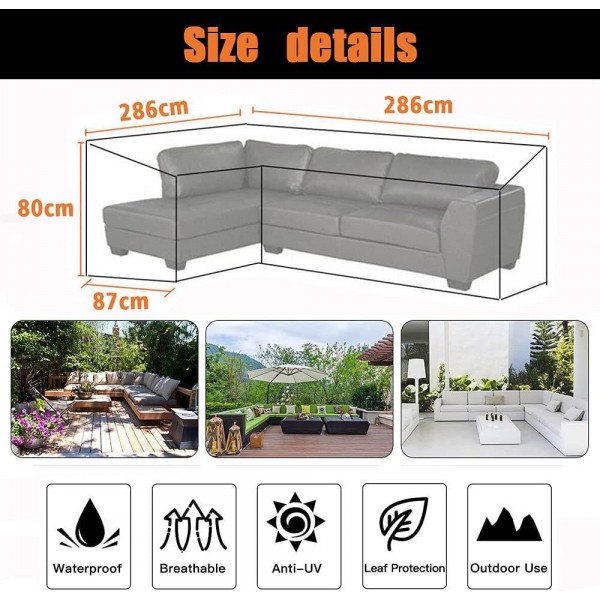 HEIMUNI Garden V-Shape Furniture Cover Waterproof, 420D Heavy Duty Oxford Fabric Outdoor Rattan Corner Sofa Cover with Waterproof Tape (286*286*87cm) 